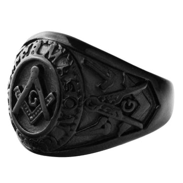 Master Mason Freemason Men's Black Stainless Steel Vintage Style Masonic Ring - The Jewellery Supermarket